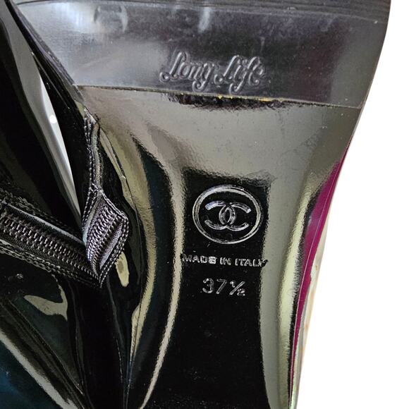 Chanel CC Cap Toe Logo Ankle Heel Boot Size 37.5 US 6.5 7 Black Patent Leather - Picture 12 of 14
